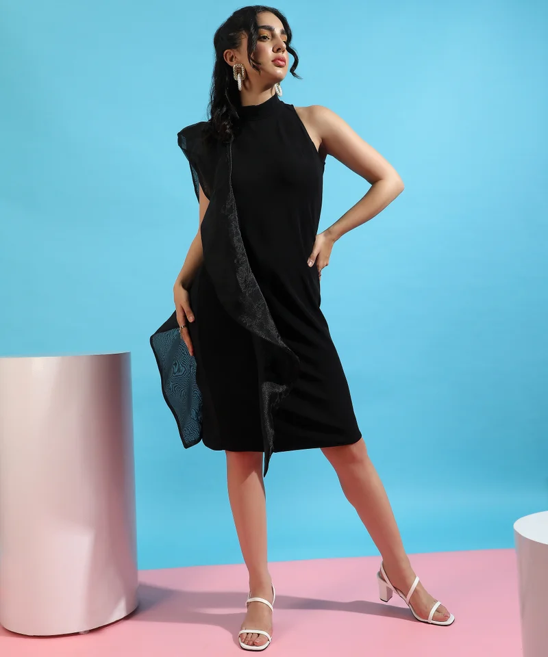 Pinacolada  Women's Obsidian Black Asymetrical Dress With Organza Detail For Casual Wear | Mock Neck | No Sleeves | Zipper Closure | Dress Designed With Comfortable Fit For Woman & Girls for Women | Best Price UAE
